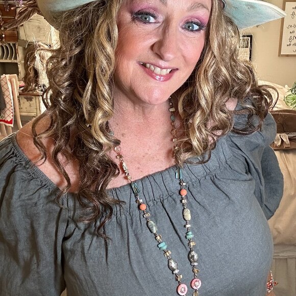 Meo Meli Italian Linen Top • Charcoal Blue • Off-Shoulder / Boatneck • Size L - Picture 6 of 6